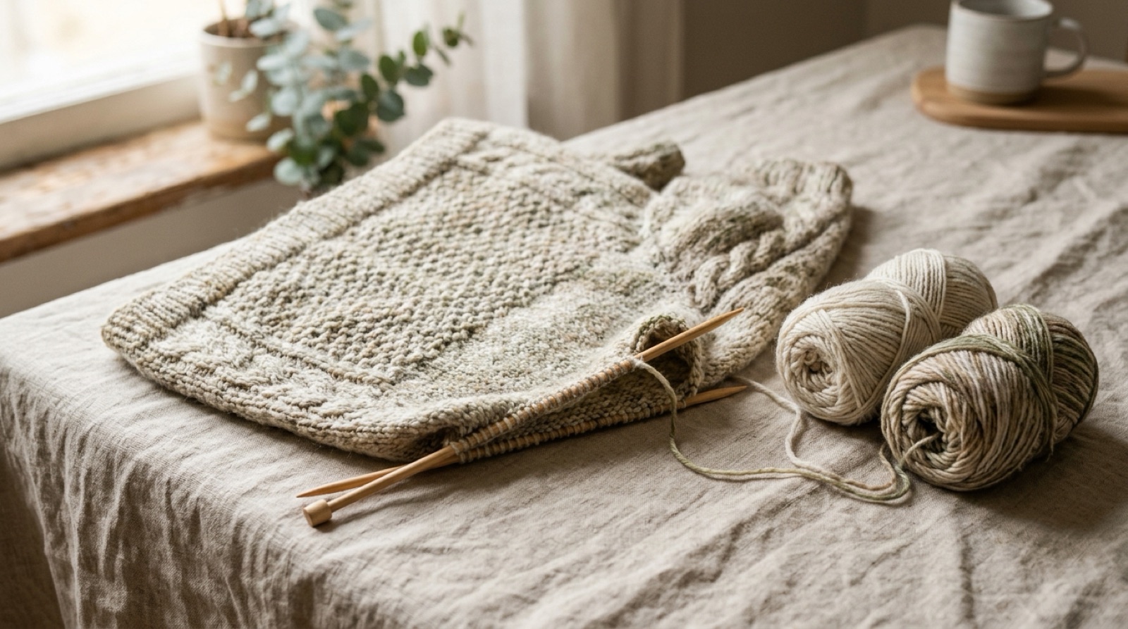 Áo len đang đan dở cùng cuộn len bên cửa sổ, vẻ đẹp của quá trình, NghiaShin Podcast
